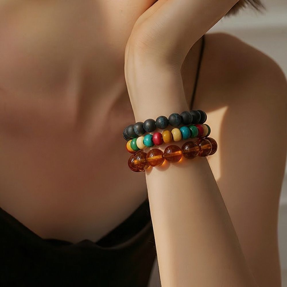 EUC - 3 Beaded Bracelets - Stacking - Brown; Multi; and Black with White Bead